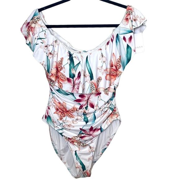 LA Blanca Womens Off Shoulder Ruffle One Piece Swimsuit - Picture 7 of 14